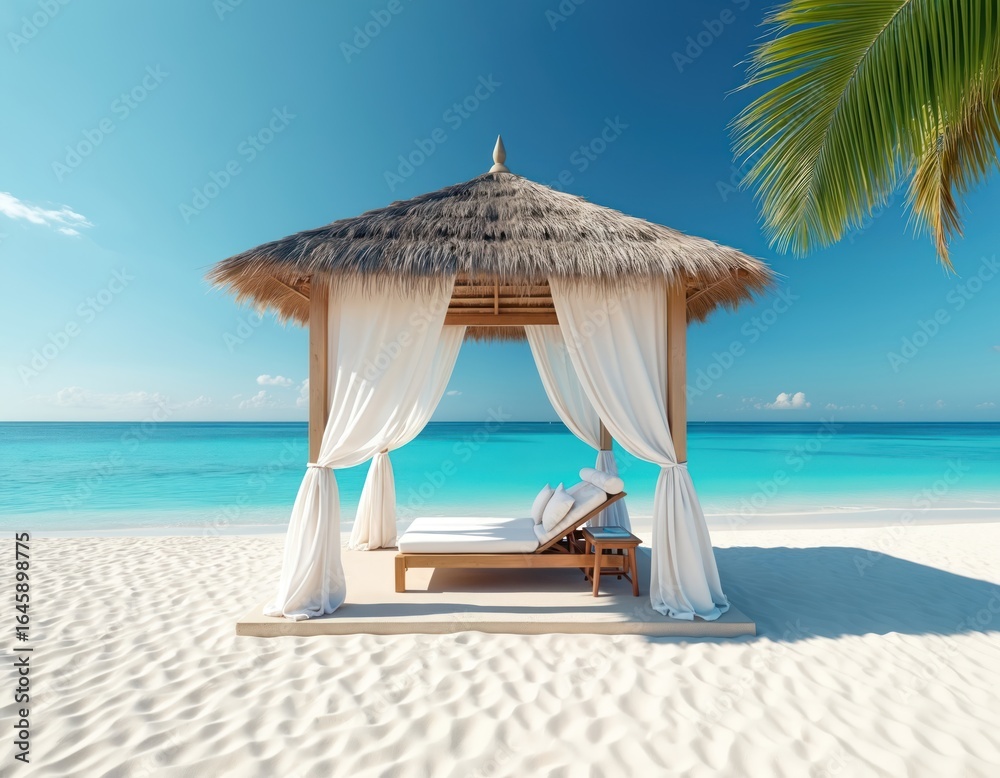 Obraz premium Beach gazebo with flowing white curtains offers a serene escape. White sand surrounds turquoise waters under a clear blue sky. Cushioned lounge chairs invite relaxation and tropical getaway enjoyment.