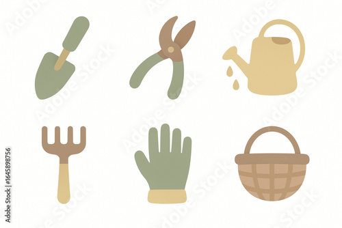 Minimalist Gardening Icon Set with Soft Curves and Pastel Colors

