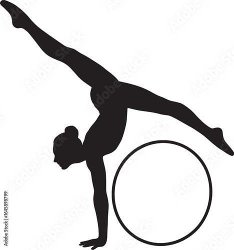 Silhouette of Rhythmic Gymnast with Hoop in Handstand