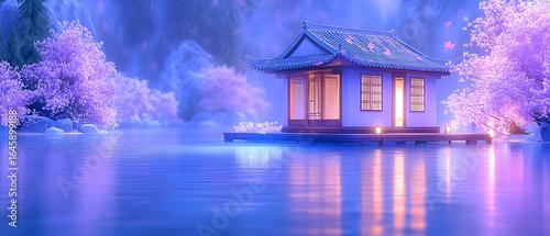 A small house is floating on a lake