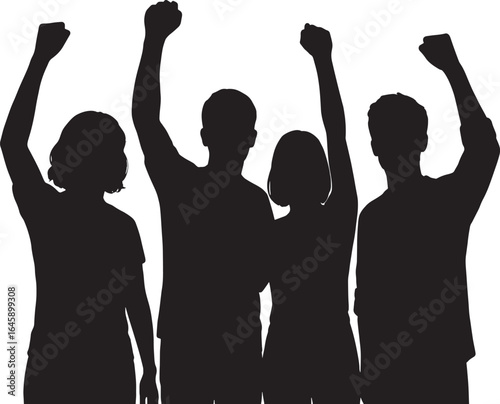 Silhouettes of Diverse Group Raising Fists in Unity
