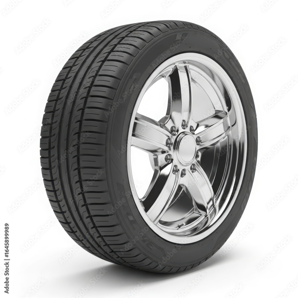 Obraz premium Shiny chrome alloy wheel with black performance tire