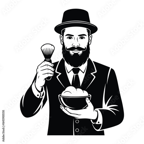 Barber holding shaving brush and foam bowl silhouette in black vector isolated on white background