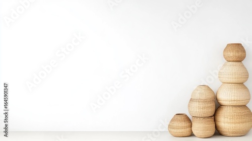 Stack of Woven Baskets against White Wall