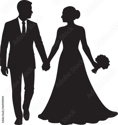 Silhouette of Bride and Groom Holding Hands with Bouquet