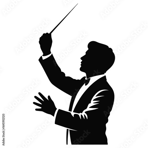 Conductor silhouette with raised baton in crisp vector icon style, AI and EPS format, isolated in black and white
