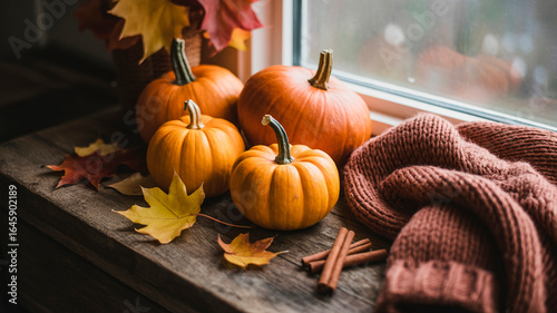 Autumn pumpkins and leaves on cozy windowsill, warm fall decor