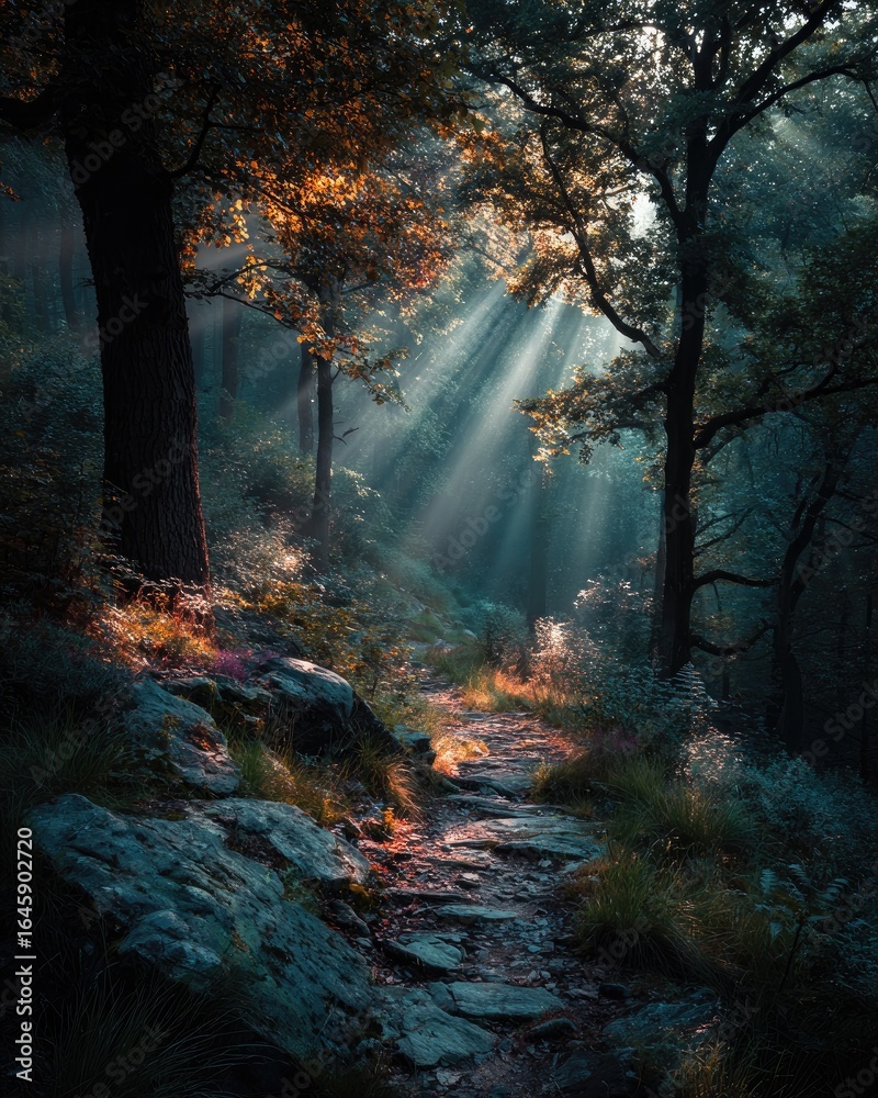 Fototapeta premium Sunbeams piercing a misty forest path