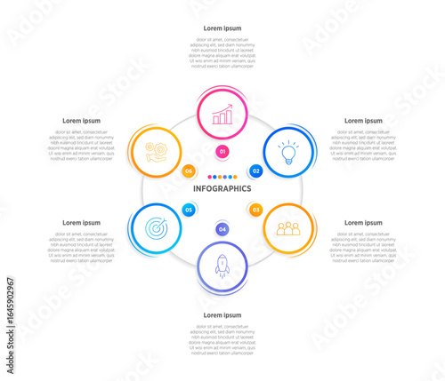 Business Colorful Infographics template. 6 steps rounded timeline with options and marketing icons .Vector rounded infographic with six Hexagon connected elements. Design can be use for presentation.