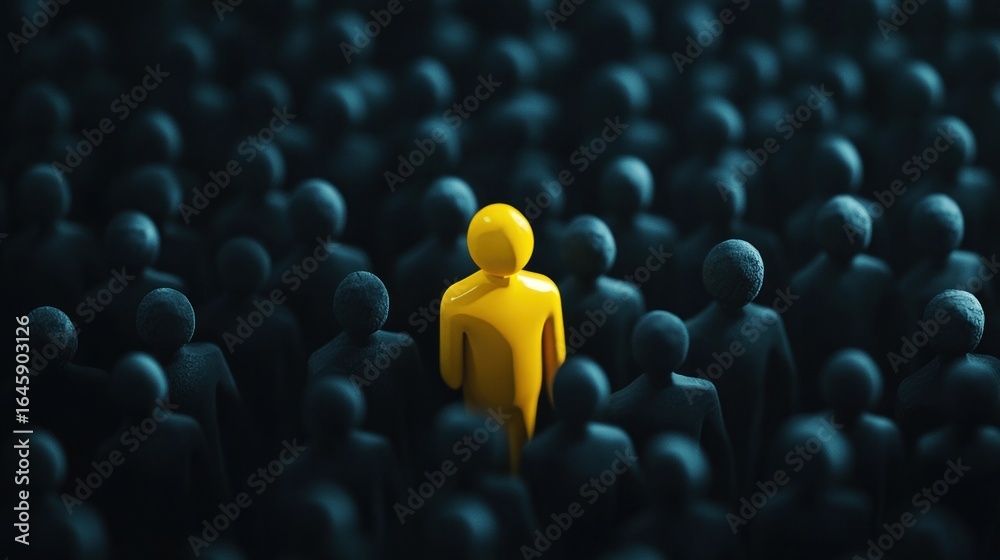 Obraz premium A single yellow figure stands out among a crowd of dark figures, symbolizing individuality.