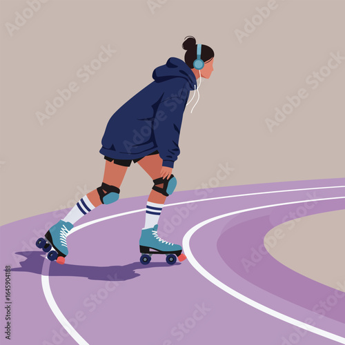 A girl is roller skating on a track with a helmet and knee pads, enjoying a fun and active outdoor recreation, showcasing a healthy and sporty lifestyle