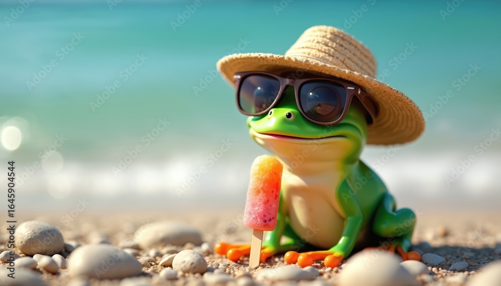Obraz premium Cute frog character with hat, sunglasses enjoys popsicle on sunny beach. Whimsical amphibian, summer vacation vibes, pure joy, relaxation. Vibrant colors, humorous scene, perfect for playful summer