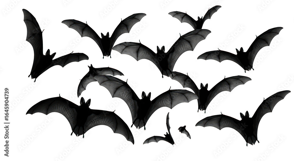 Naklejka premium A dark swarm of bats flying against a black background, wings spread widely