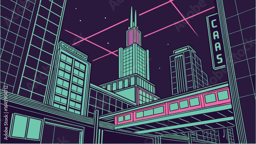 Pixelated cityscape with tall buildings elevated train and neon lights in a retro futuristic style