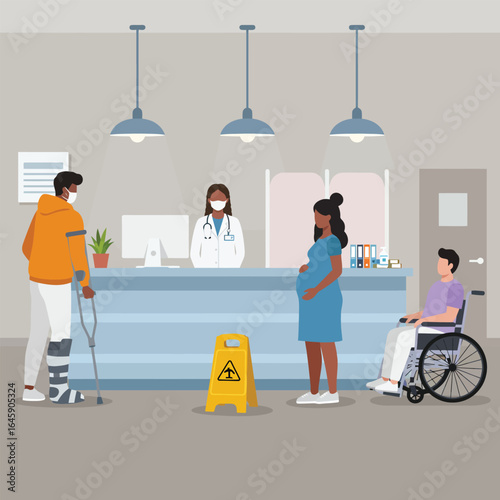 A hospital waiting room scene with patients, a doctor, and a caution sign near the reception desk, showcasing healthcare accessibility and medical care