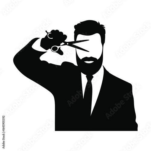 Hipster barber silhouette of bearded man cutting hair with scissors in black vector isolated on white background