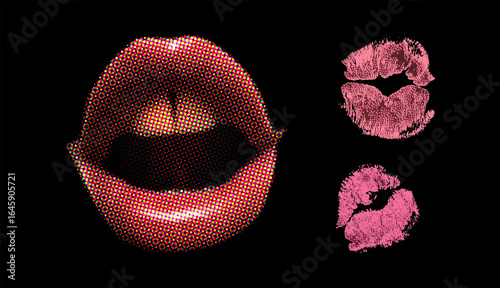 Red lips with kiss marks on black background in halftone style. Set  y2k brutalism