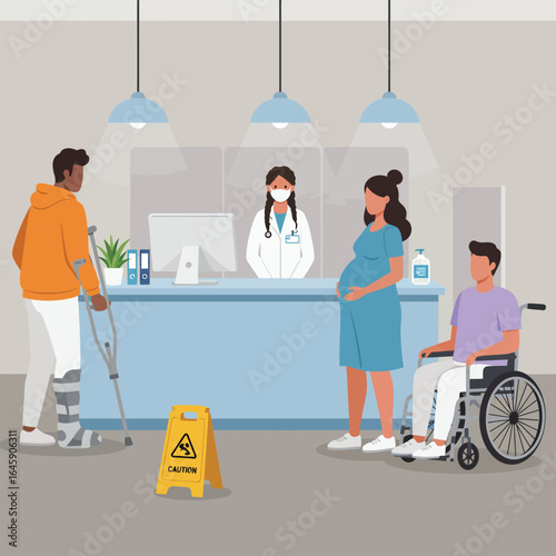 A hospital waiting room scene with patients, a doctor, and a caution sign near the reception desk, showcasing healthcare accessibility and medical care
