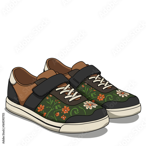 Fashionable sneakers with a vintage-inspired floral pattern. Vector illustration of casual footwear with comfortable velcro straps.
