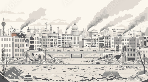 Devastated cityscape with smoking buildings and debris-strewn streets, symbolizing urban destruction and disaster aftermath.