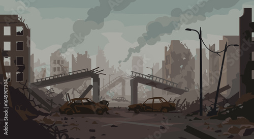Devastated cityscape with destroyed buildings, wrecked cars, and smoke plumes under a somber, overcast sky, depicting aftermath.