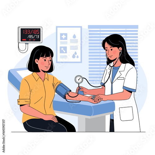Doctor checking patient's blood pressure, medical checkup vector illustration.