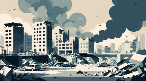 Devastated cityscape with destroyed buildings, debris, and abandoned cars under a smoky, overcast sky, conveying disaster