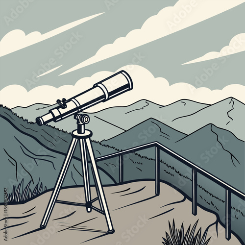 Telescope on a mountain overlook with a railing and mountain range views under a cloudy sky illustration