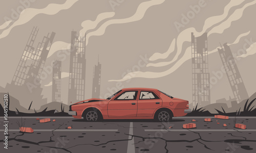 Isolated red car abandoned amidst a desolate cityscape with broken buildings and debris