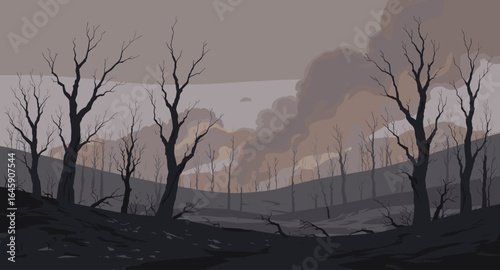 Desolate landscape with bare trees and smoky sky evokes environmental disaster, loss, and stark beauty