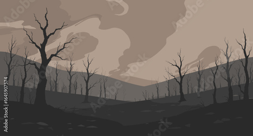 Desolate landscape with bare trees under a smoky, muted sky creating a haunting, eerie mood for dramatic storytelling and impactful design.