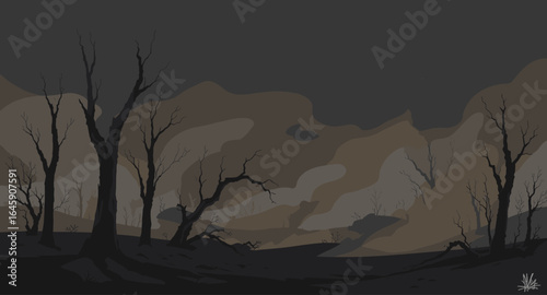 Desolate, barren landscape with stark silhouetted trees under a hazy, ominous sky creating a dramatic, moody atmosphere