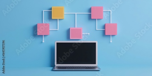 Productivity Tools workflow remote concept. Computer setup with colorful flowchart elements on a blue background.