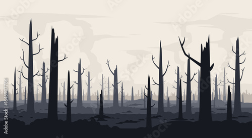 Stark, desolate landscape featuring silhouetted charred trees against a hazy, muted sky evoking environmental themes