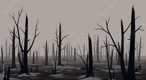 Desolate charred forest landscape with stark skeletal trees and wisps of smoke evokes environmental themes of destruction and renewal