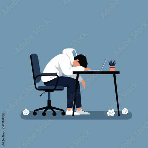 A tired man with his head on the desk, feeling exhausted and stressed from work, surrounded by crumpled paper and a cup of coffee on a blue background