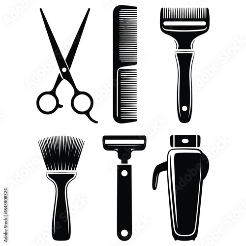 Hipster barber tools silhouette set with scissors, comb, razor, brush, and clipper in black vector isolated on white background