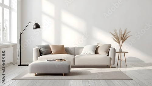 Minimalist Scandinavian living room with gray sofa and decorative pillows, bathed in soft natural light.