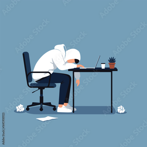 A tired man with his head on the desk, feeling exhausted and stressed from work, surrounded by crumpled paper and a cup of coffee on a blue background