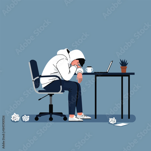 A tired man with his head on the desk, feeling exhausted and stressed from work, surrounded by crumpled paper and a cup of coffee on a blue background