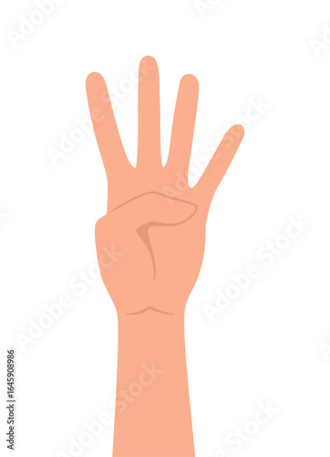 Human hand showing number four with fingers, isolated on white background. Flat vector illustration