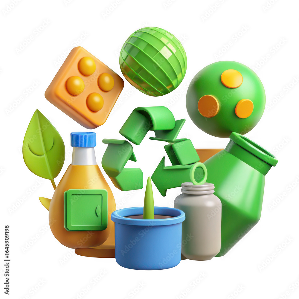 Fototapeta premium 3d eco friendly recycling symbols and products isolated on transparent background