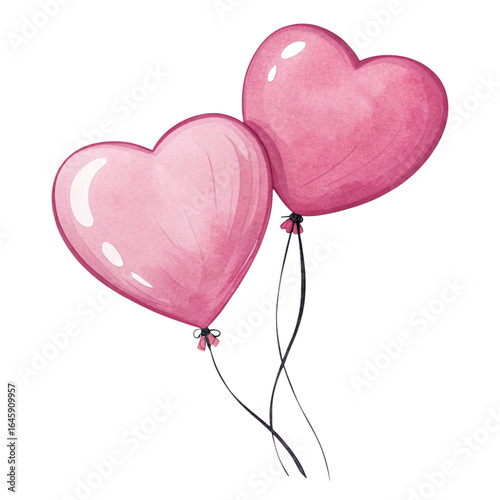 Two pink watercolor heart shaped balloons isolated on transparent background
