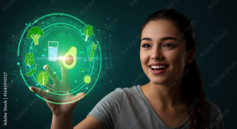 Woman with brown hair reaching out to touch a virtual health interface with various produce icons, demonstrating diet concept. Woman with brown hair reaching out to touch a virtual health interface with various produce icons, demonstrating diet concept.