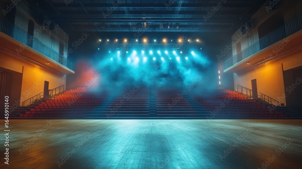 Fototapeta premium Dramatic Stage Lighting with Fog and Empty Seats in a Theatre
