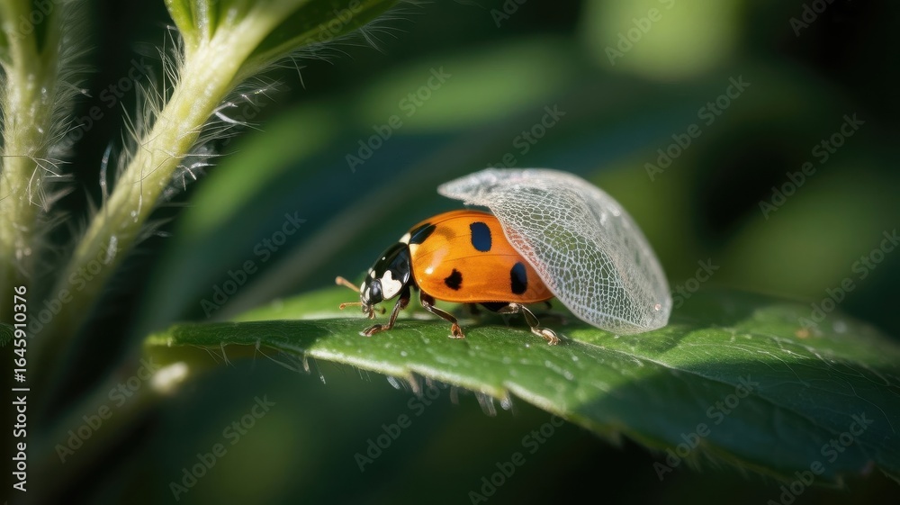 Fototapeta premium Close up of a ladybug with dew drops on its wings resting on a green leaf