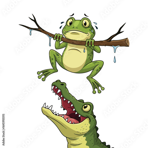 Digital Cartoon Illustrtation of a frog clinging to a branch, escaping a hungry alligator, Vector Graphic.