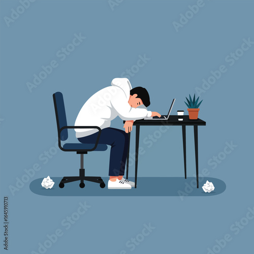 A tired man with his head on the desk, feeling exhausted and stressed from work, surrounded by crumpled paper and a cup of coffee on a blue background