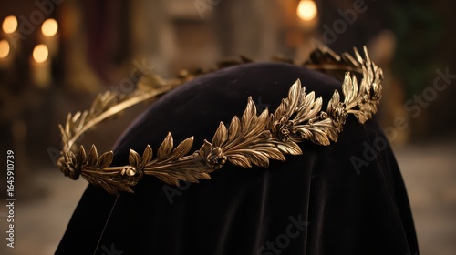 Elegant Golden Laurel Crown on Black Velvet Surface with Candlelight