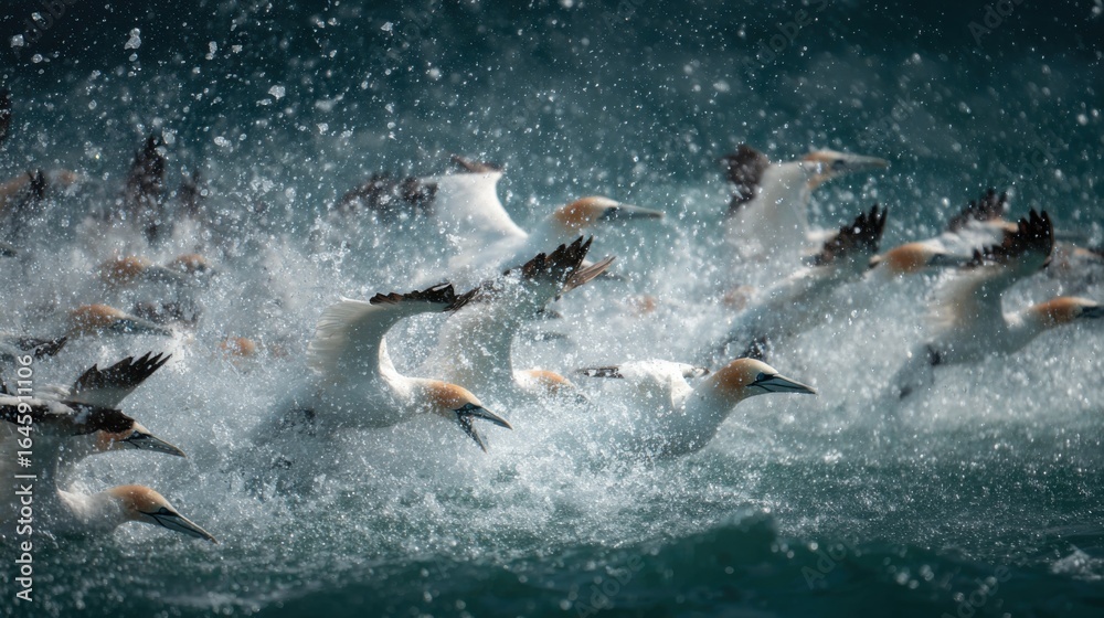 Obraz premium Like Arrows Gannets Dive Speedily into the Sea